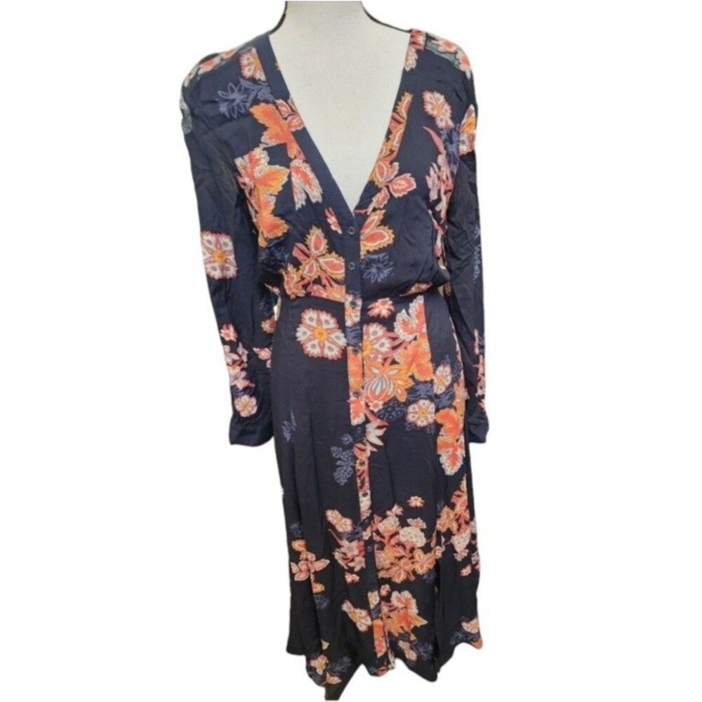 Free People Miranda Floral Midi Dress Size 4 Embroidered Sleeve Boho City Chic